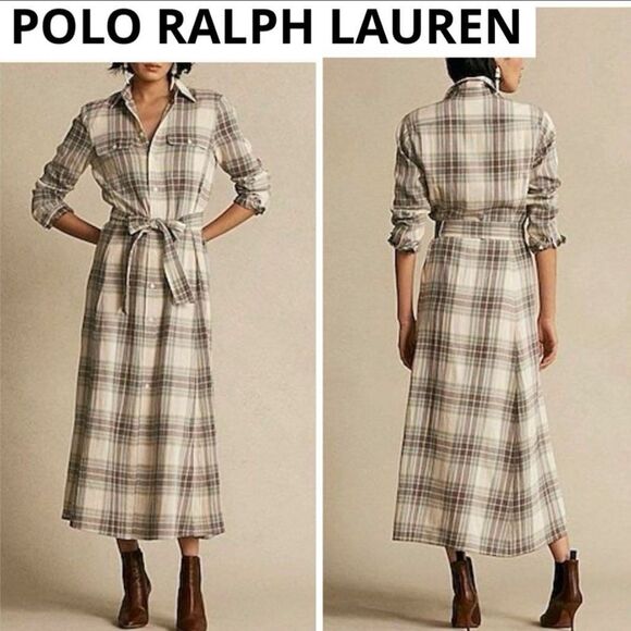 POLO Ralph Lauren Ivory Blue Plaid Long Sleeve Flannel Maxi Shirt Dress Size 8 - Picture 1 of 9